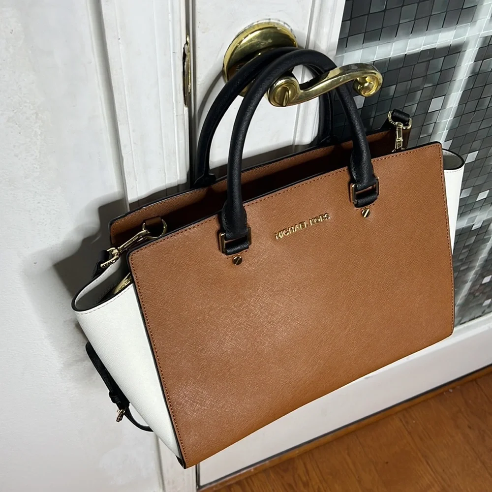 💕 Michael Kors brown black white leather large satchel bag gorgeous 💕